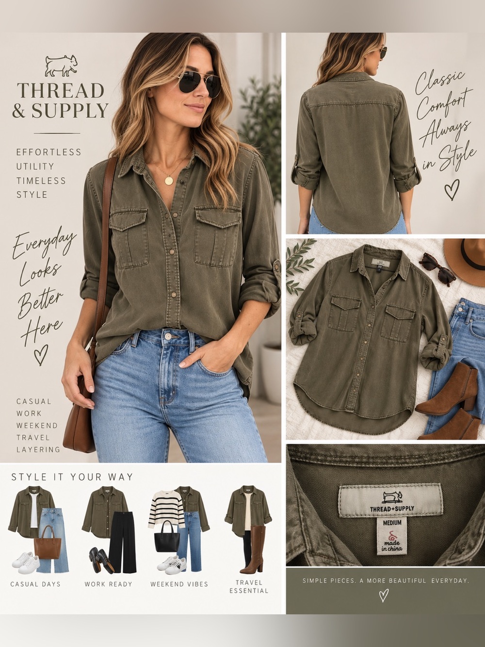 Thread & Supply Olive Green Washed Utility Button-Down Shirt